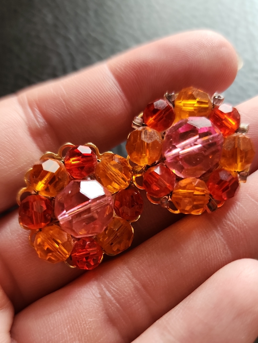 Vintage Pink, Amber & Red Beaded Glass Cluster Earrings - Marvella